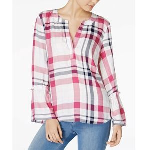 Maison Jules‎ Plaid Split Neck Popover Blou…